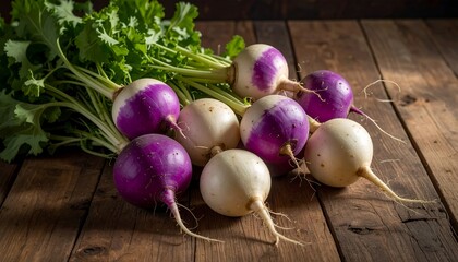 A close-up shot showcasing a collection of fresh turnips with vibrant purple and white hues, set on a rustic wooden surface.