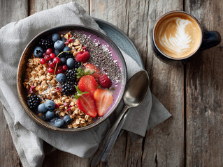 Vegan Smoothie Bowl with Chia Seeds, Granola, Mixed Berries and Latte Coffee – Nutritious Plant-Based Breakfast on Rustic Table