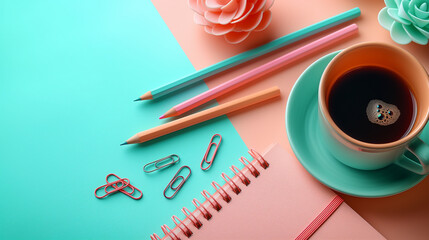 Colorful office flat lay with coffee and stationery. Creative workspace on pastel background. Ideal for blogs, websites, and productivity themes.

