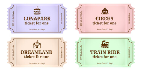 Amusement park tickets collection mockup: Lunapark, Circus, Dreamland, Train Ride. Colorful vintage style admission tickets set for fun.