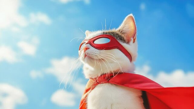 A domestic cat dressed as a superhero with a red cape and mask