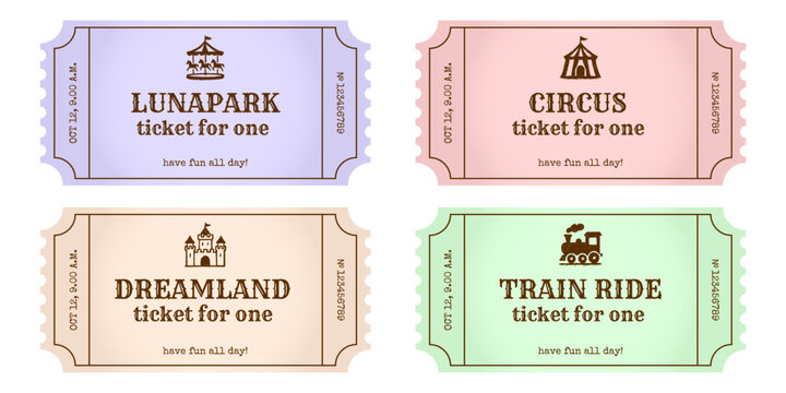 Amusement park tickets collection mockup: Lunapark, Circus, Dreamland, Train Ride. Colorful vintage style admission tickets set for fun.