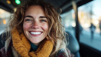 A joyful woman with curly hair is smiling warmly on a bus, creating a cheerful atmosphere and showcasing the beauty of candid moments in public transportation.