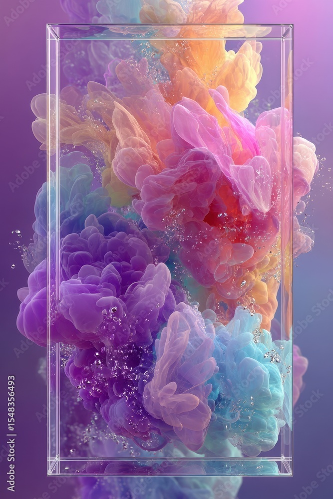 Poster vivid abstract cloud formations within a transparent frame on a gradient background