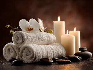 Luxury Spa Still Life with Rolled White Towels, Orchid Flowers, Candles and Massage Stones – Relaxation and Wellness Therapy