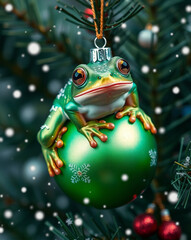 Green glass frog xmas tree ornament on a bauble on a christmas tree