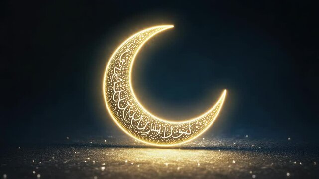 A glowing crescent moon on a dark background during the Islamic holiday of Eid-ul-Adha.