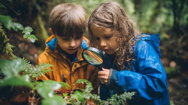 Two young children are exploring a lush forest with a magnifying glass, discovering nature's wonders on an educational adventure.