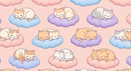 Adorable Sleeping Kittens on Clouds Seamless Pattern