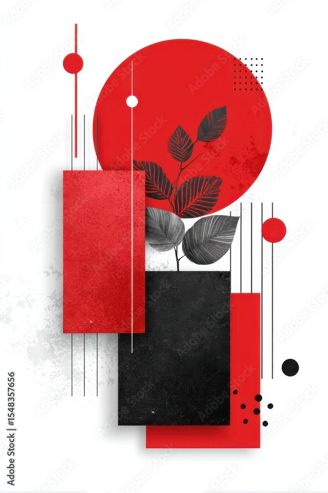 Poster modern abstract artwork with red shapes and botanical elements on white background