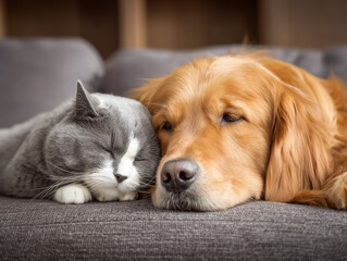 Adorable Golden Retriever Dog and British Shorthair Cat Cuddling on Sofa – Cute Pet Friendship and Domestic Animal Bonding
