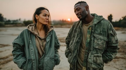 A contemplative couple dressed in casual attire share a quiet conversation at sunset, highlighting the connection through body language and expressions amidst a serene landscape backdrop.