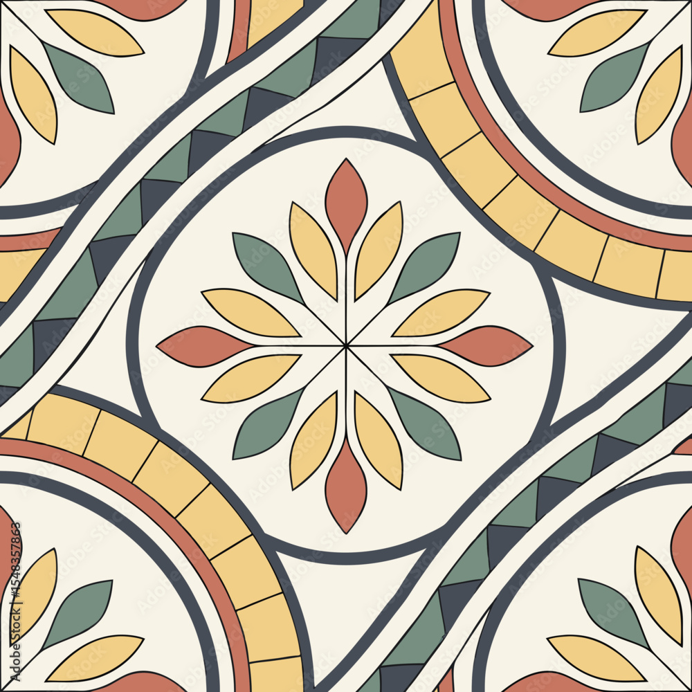 Poster colorful geometric tile vector pattern with floral design in seamless style