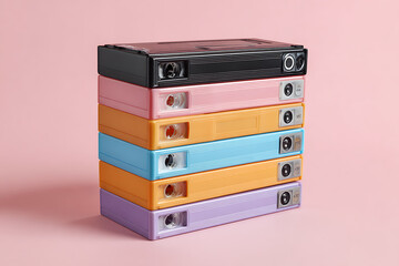 Stack of Five Pastel Colored V H S Tapes Pink Background 1