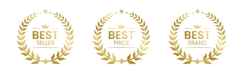 Best Seller, Best Price, Best Brand Set Vector Illustration. In A Realistic Gold with Laurel Wreath. Isolated on white