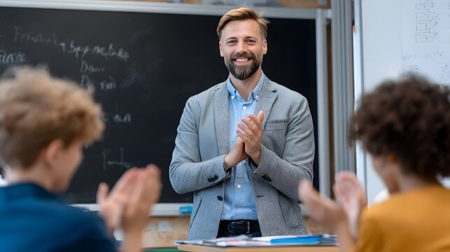 Teacher with students clapping in a classroom. He is in front of a chalkboard and looks happy and proud of the class performance.