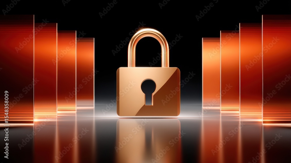 Poster golden padlock in a high-tech reflective environment symbolizing cybersecurity