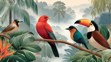 Fototapeta premium Tropical birds perched in a misty rainforest setting with lush greenery