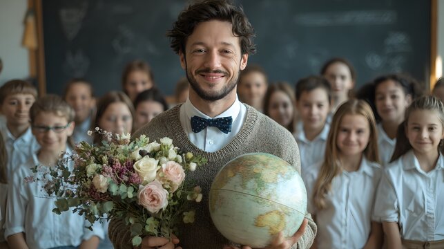 Dedicated teacher celebrated by his students, holding flowers and a globe, symbolizing appreciation and global education. A heartwarming scene.