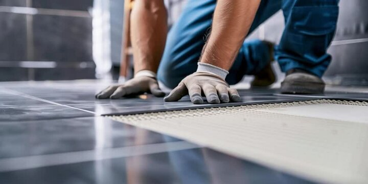 Fliesenleger verlegt Bodenplatten im Badezimmer