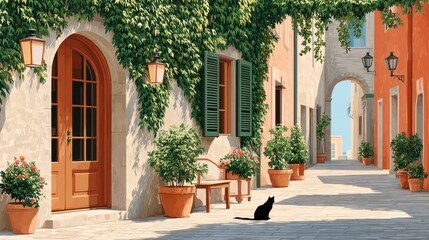 Obraz premium Charming alleyway with ivy-covered walls in a sunny Mediterranean village