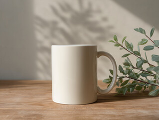 Blank White Ceramic Mug with Natural Shadows on Wooden Table – Minimalist Coffee Cup Mockup for Product Display, Branding, or Etsy Mug Design Presentation