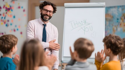 Teacher Receives Applause from Students after Lesson. Teacher in Classroom Smiles as Children Show Gratitude for Education and Learning.