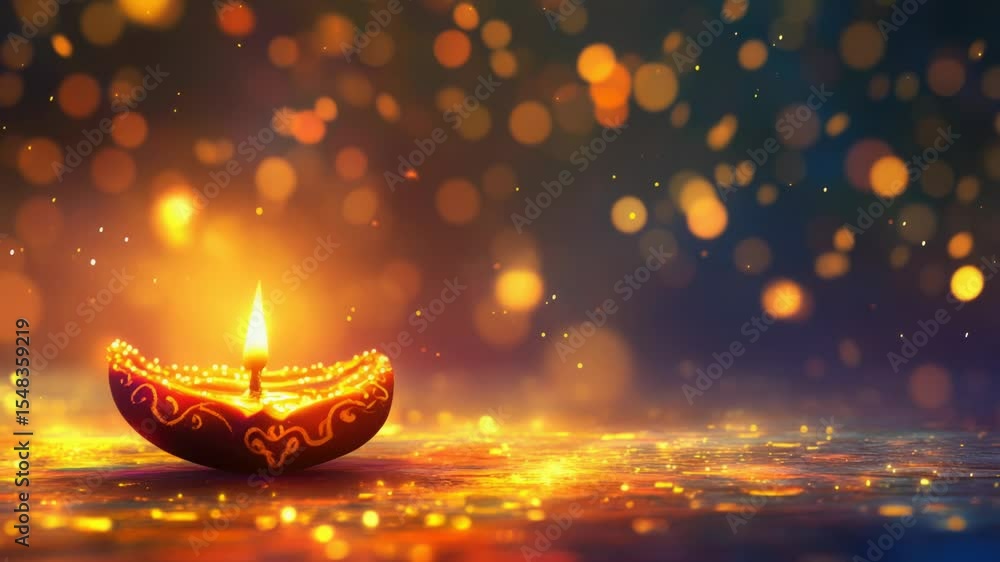Poster a lit diya on a table surrounded by bokeh lights, perfect for use as a decorative or cultural icon