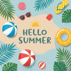 Colorful Summer Vacation Icons Featuring Beach Elements and Travel Essentials