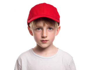 Close up portrait of a young Caucasian boy wearing a red baseball cap and white t-shirt, looking directly at the camera