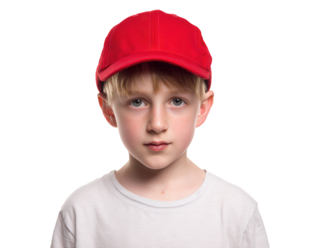 Close up portrait of a young Caucasian boy wearing a red baseball cap and white t-shirt, looking directly at the camera - Powered by Adobe