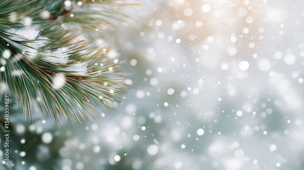 Poster snowflakes fall softly on green pine branches creating a tranquil winter scene. background features 