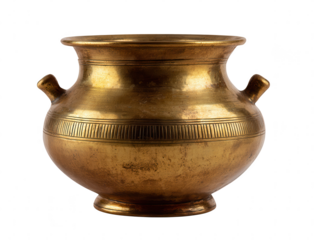 Ancient Golden Urn with Handles and Decorative Band, Isolated on White Background