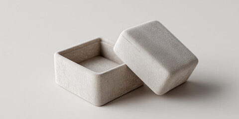 Minimalist felt ring box set in soft neutral tones on white background  