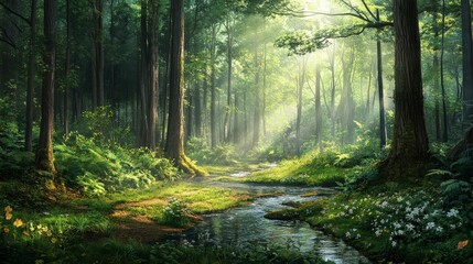 Serene Forest Landscape with Sunlight Shining Through Trees