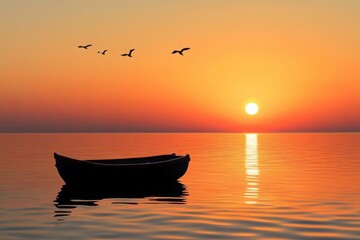 Naklejka premium Silhouette of a boat on calm water with birds flying at a vibrant sunset sky