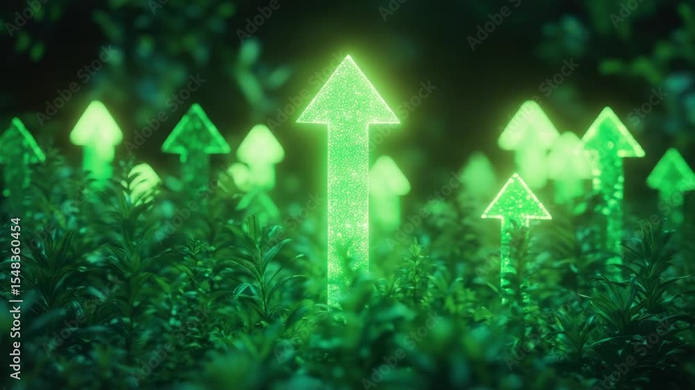 Poster group of green arrows pointing direction in a lush green grassy field