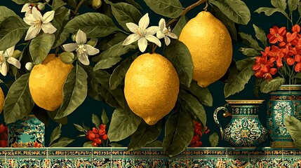 Vintage illustration of lemons on a branch, blooming flowers, and red flowers in vases on a decorative tile surface.