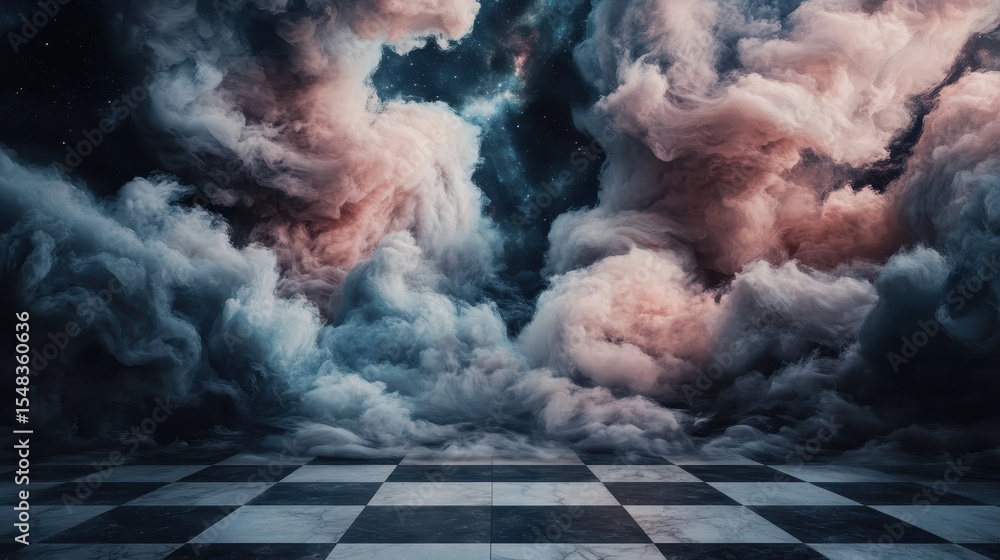 Poster A stunning abstract composition featuring swirling cosmic clouds and a checkered floor pattern, representing the intersection of space and artistic imagination in visual art.