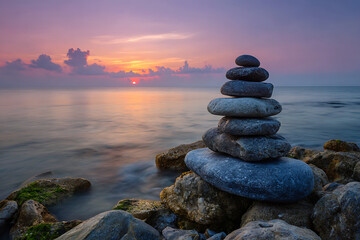 Fototapeta premium Serene Sunset Ocean Rocks Balanced Stack Calm Sea stones