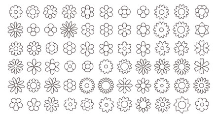 Set of groovy simple line flowers. Abstract minimalistic flowers. Floral geometric design. Vector illustration in flat style