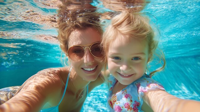 Mom and daughter enjoy a joyful underwater moment while swimming in a pool on a sunny day