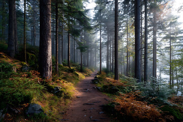Fototapeta premium Sunlit Forest Path Misty Morning Autumn Woods Trail
