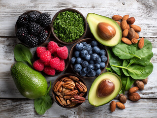 Healthy Superfoods Flat Lay with Avocado, Berries, and Nuts – Clean Eating and Organic Wellness Concept on White Rustic Wooden Background