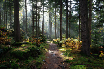 Obraz premium Sunlit Forest Path Mossy Green Trees Autumn Sunlight