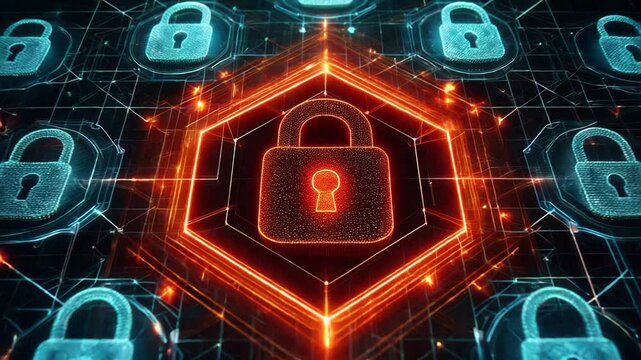 Futuristic cybersecurity visualization showing glowing digital padlocks connected in network representing data protection and online security systems