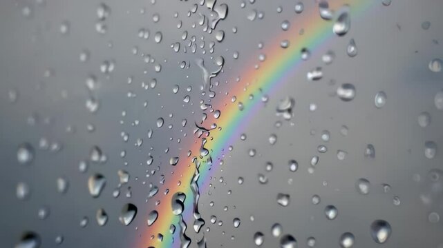 macro shot of rain drops on window, rainbow outside the window