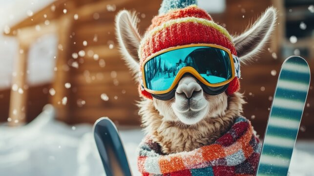 A whimsical image features a llama dressed in winter gear, complete with a colorful hat and ski goggles, adding fun and charm to outdoor winter sports.