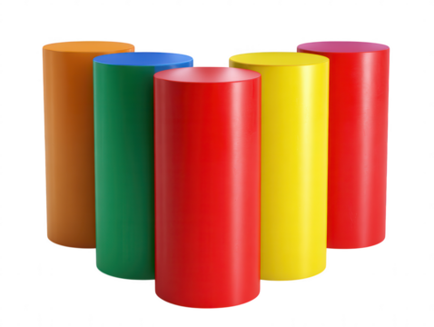 A group of colorful, cylindrical wooden blocks arranged in a triangular formation on a white background