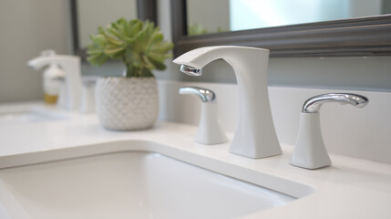 Minimalist white bathroom with modern faucet, clean lines and soft lighting, embodying serene simplicity.